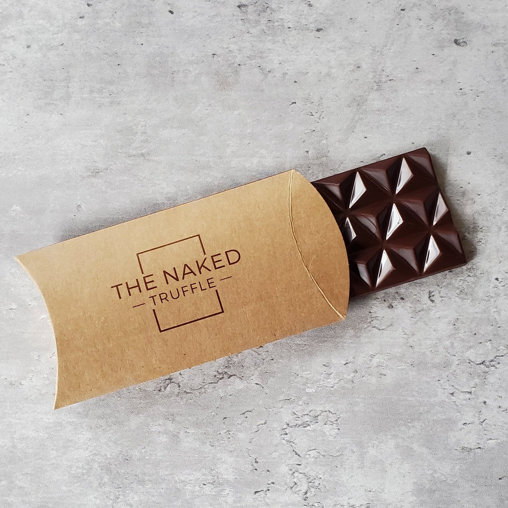 dark chocolate and salted caramel bar in eco-friendly packaging